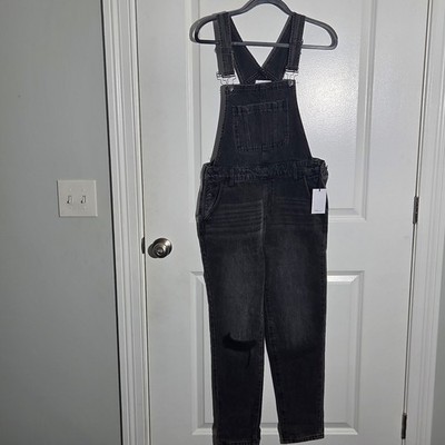 TNR Jeans Overalls Straight Leg Distressed Faded Black Ripped Destroyed SMALL