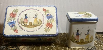 VTG 2 Tin Boxes Flowers Farmers 8.5  x 5  x 3  & 4.25  X 3.5  Massilly France