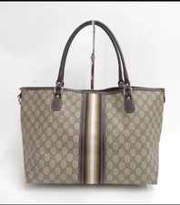Gucci GG Canvas & Leather Tote Bag Beige/Brown Double Handles Gold Hardware