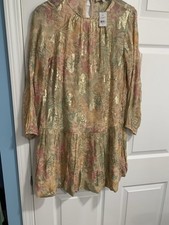LOFT Size M Floral Swing Dress Long Sleeve ShimmerGold M Bubble Hem Jacquard NWT