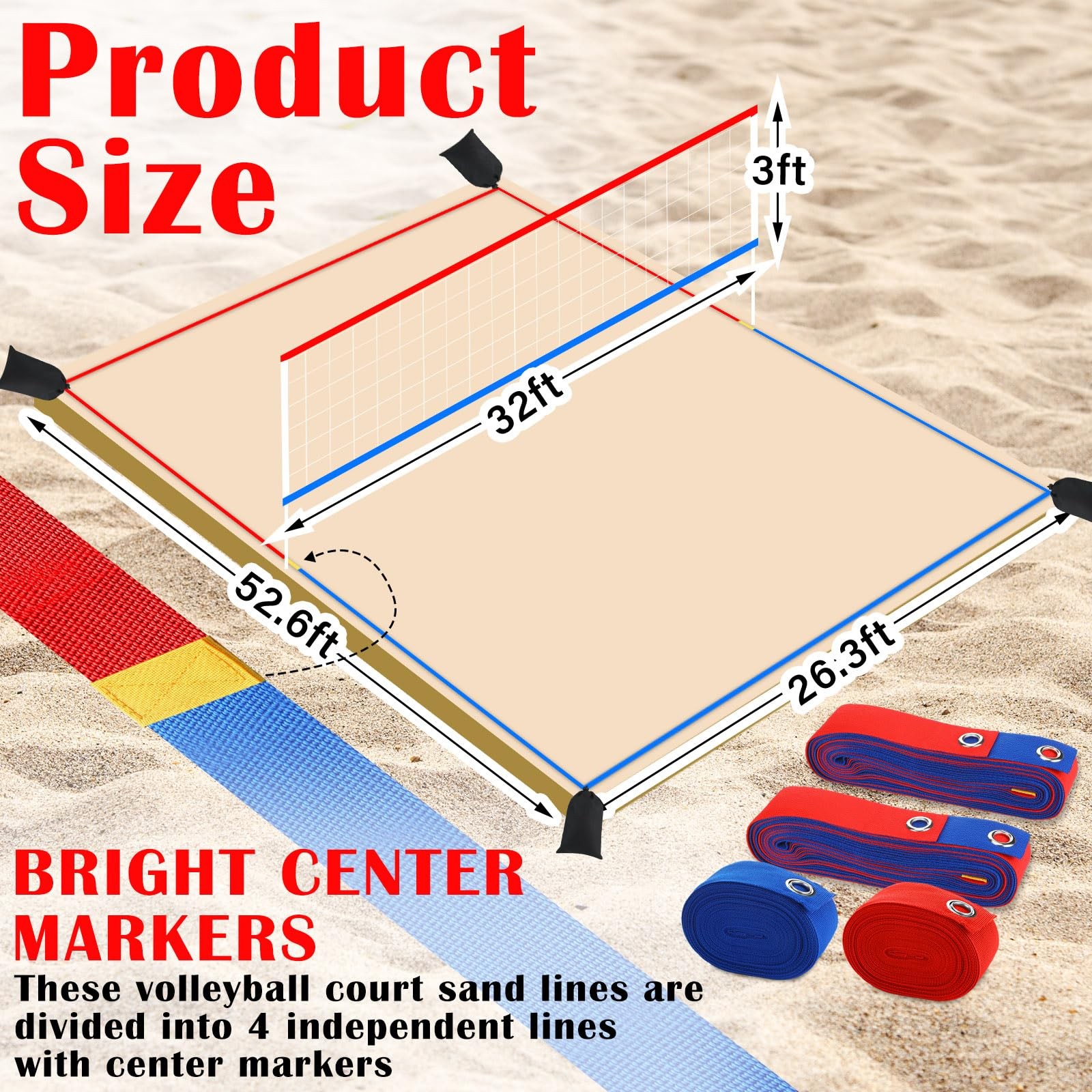 13 Pcs Beach Volleyball Net & Volleyball Lines for Sand Set 26. 3' x 52. 6' O...