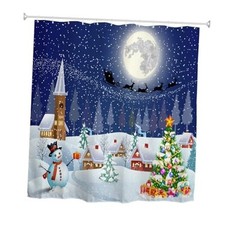 Christmas Shower Curtain, Xmas Trees Winter Landscape Snowman Night Santa