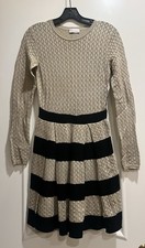 Red Valentino Dress Knit Crochet Taupe & Black Striped Pleated Skirt Size XS