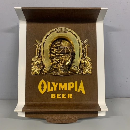 Vtg Olympia Beer Sign With a Gold Good Luck Horseshoe 1970s Bar Tavern 16" x 14"