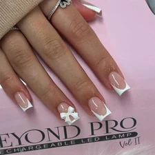 Pink Press on Nails Short Square Fake Nails White French Tip Full Cover Glue 