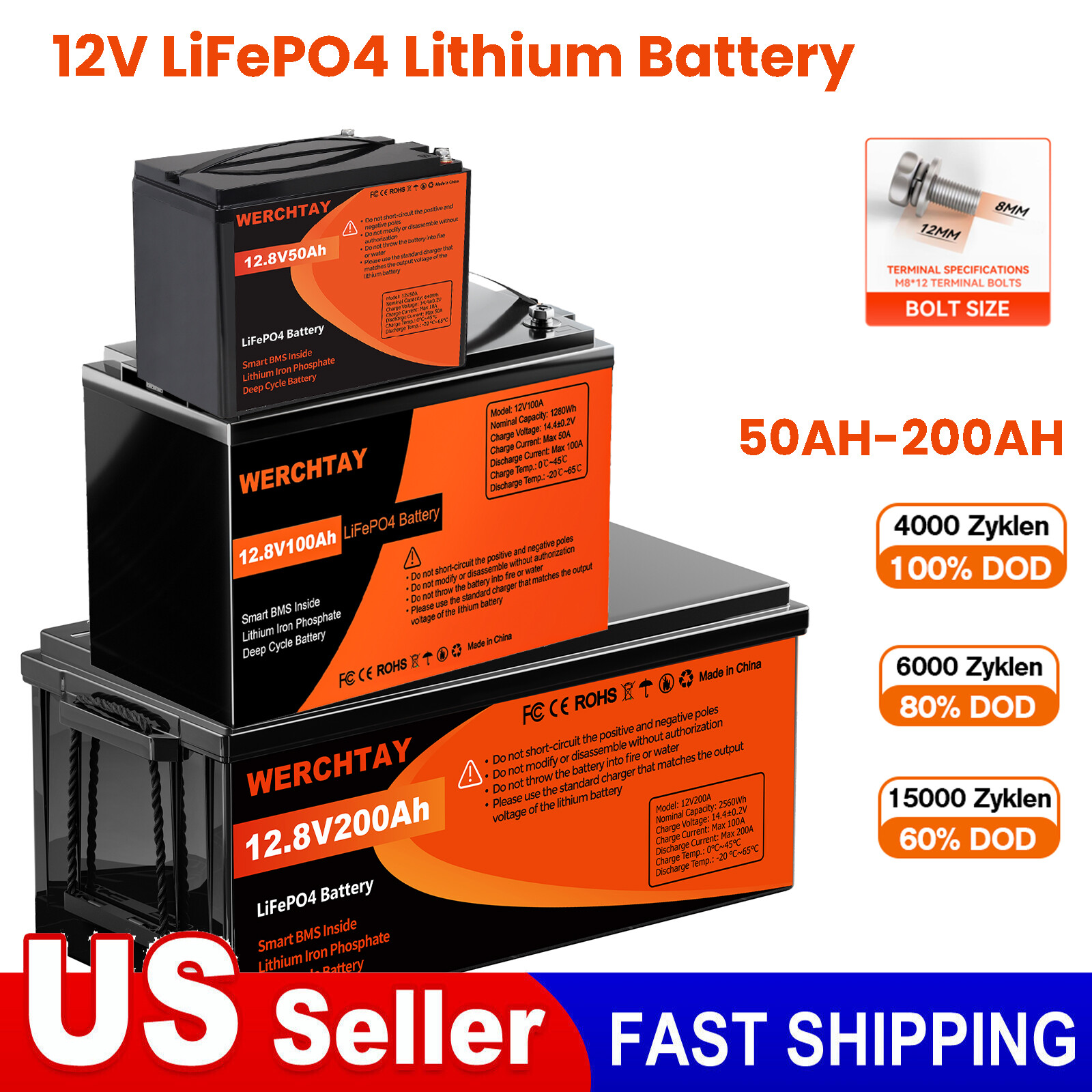 LiFePO4 Lithium Battery 12V 100Ah 200Ah 300Ah Deep Cycle for RV Solar Off-grid