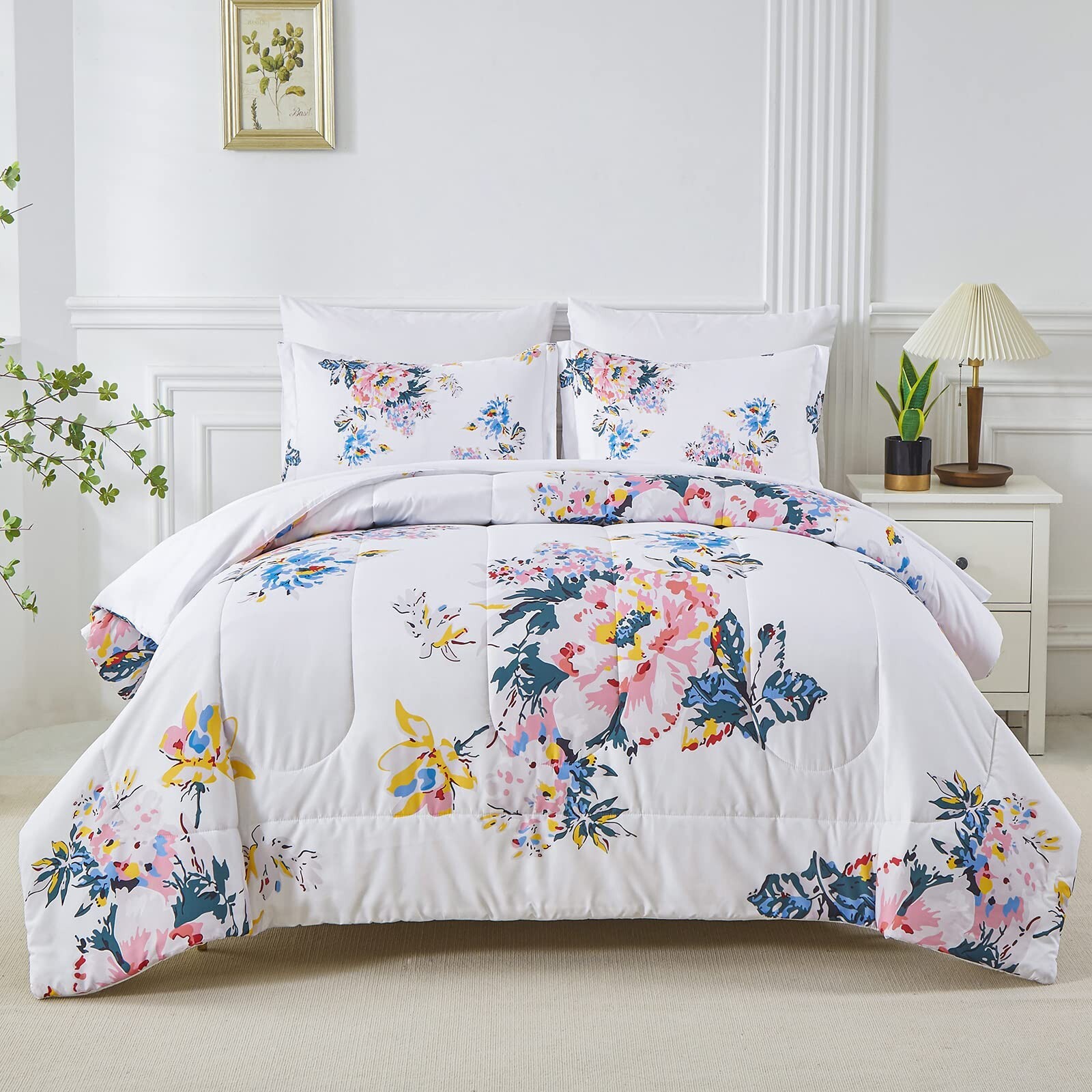 Yogeneg Floral Comforter Set Queen Size 7 Piece Bed in a Bag,Pink Flowers Gre...