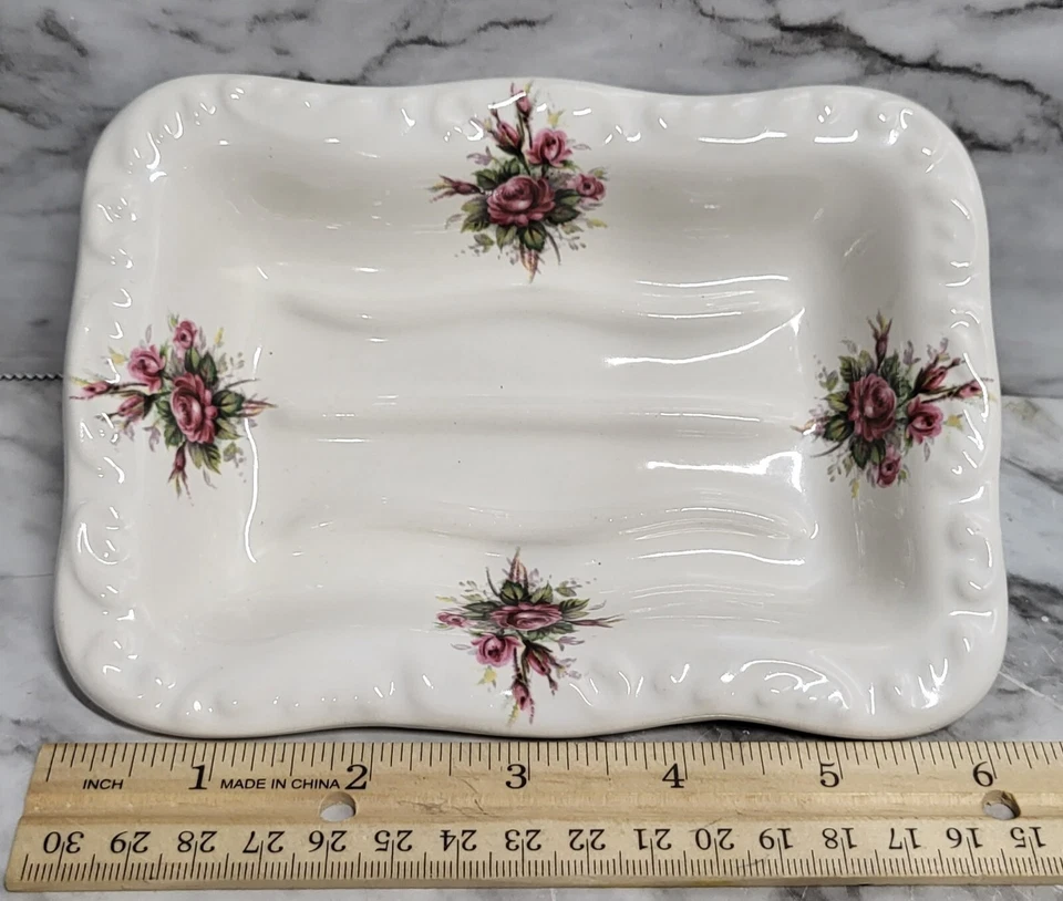 Vintage Rose Print Soap Dish. Athena California. Usa. White Ceramic. Country.... - Image 4 of 4
