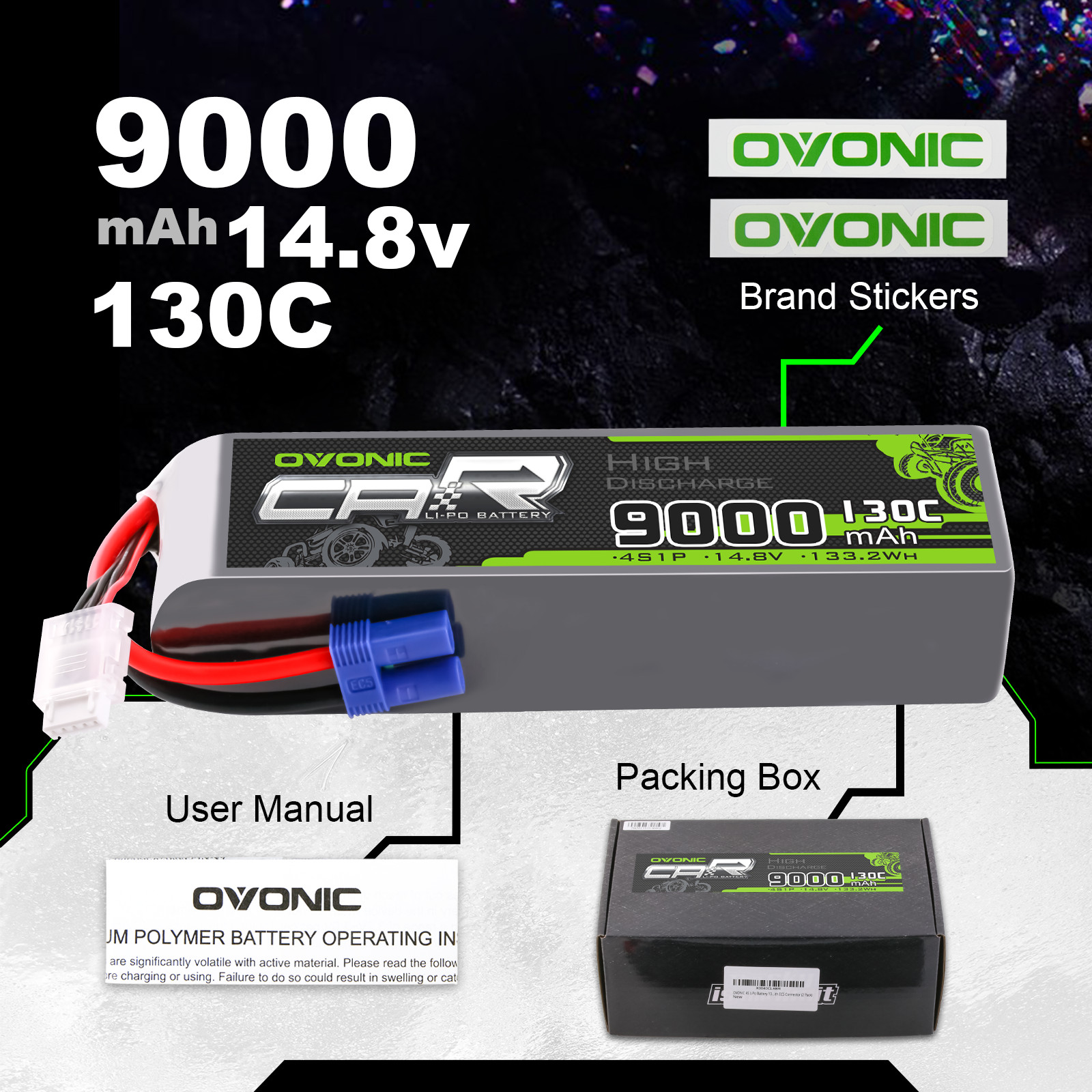 2x Ovonic 14.8V 130C 4S 9000mAh Lipo Battery EC5 for RC Car Airplane Jet Heli