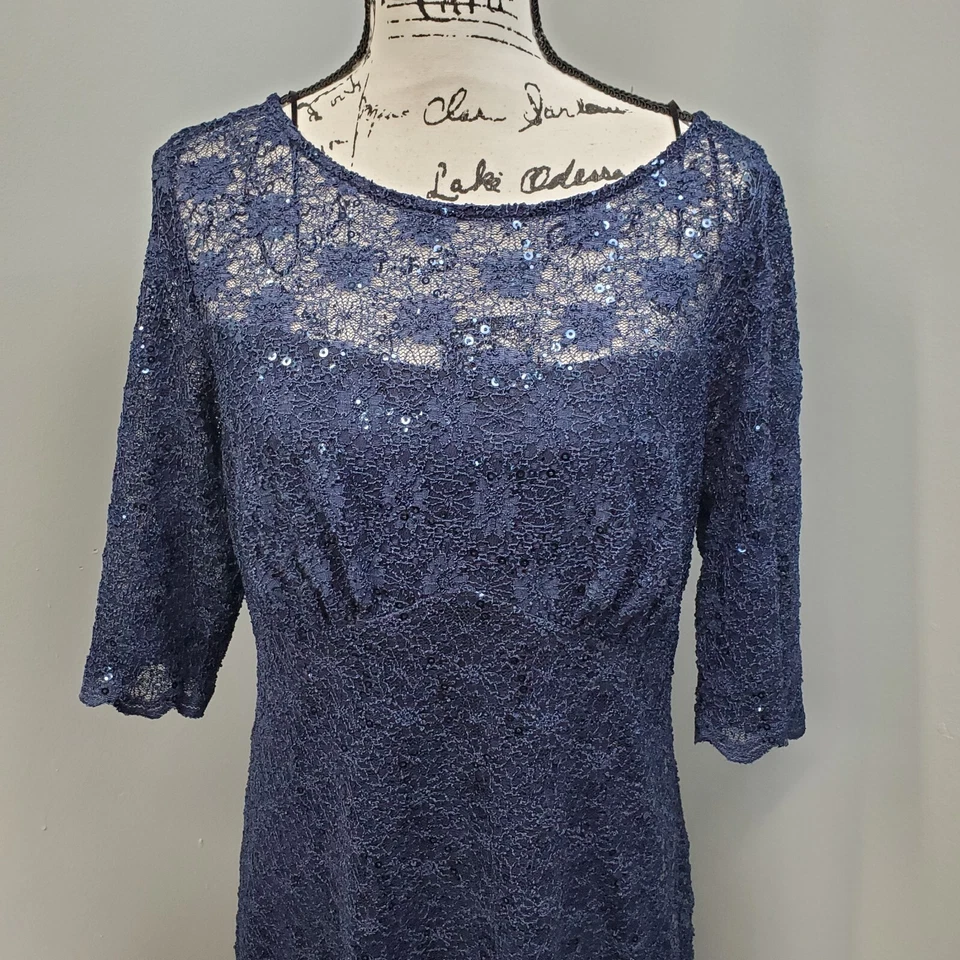 Midnight Velvet Sheath Dress Women's 16 Navy Sequin Lace 3/4 Sleeve Round Neck - Image 3 of 4