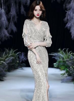 Trendy Sexy V Neck Tassel Long Sleeve Split Evening Dresses Sequins Prom  Gown