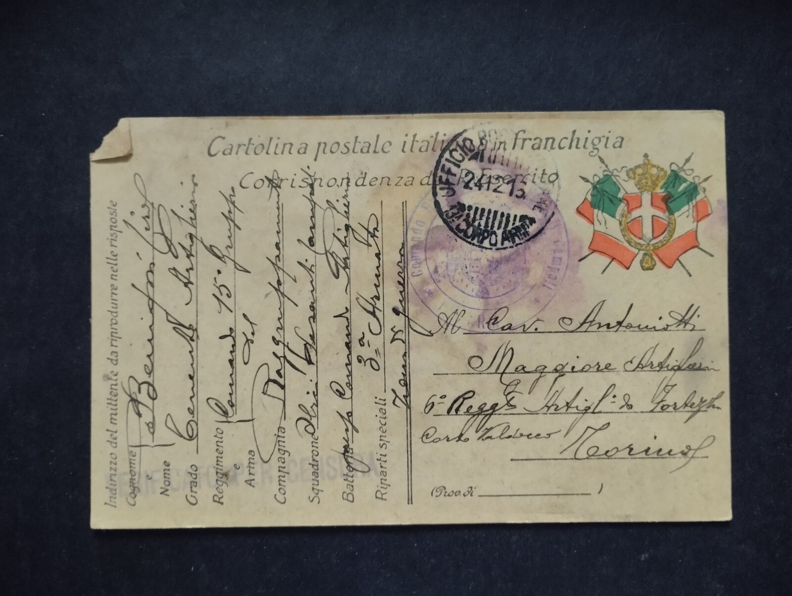 Timbro Posta Militare WW1 Raggruppamento Obici Pesanti Campali 3° Armata WY660