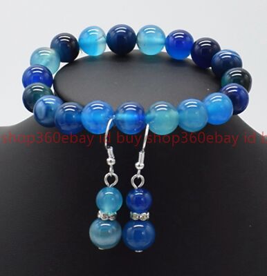Natural 10mm Blue Striped Agate Round Gemstone Beaded Bracelet Earrings 7.5in