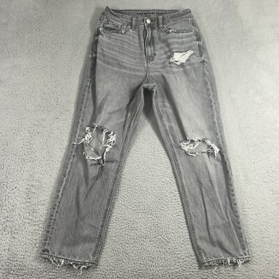 American Eagle Mom Jeans Womens 6 Gray Wash Distressed Hi Rise Stretch Denim