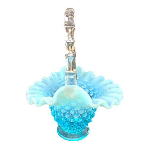 Vintage Fenton Art Glass Blue Opalescent Hobnail Ruffled Basket Clear Handle