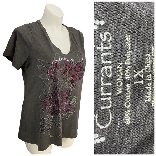Currant Top Womens 1x Gray Floral Sequin Shirt Work Office Casual Bling - Picture 4 of 14