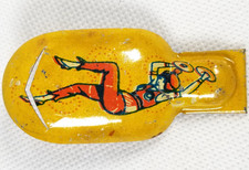 Vintage Tin Lithograph Clicker Noisemaker, Woman Playing Cymbals Design, U.S.A.