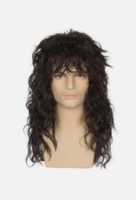 Mens Long Black Mullet Rocker Wig Eddie 80s Curly Wig Halloween Party Hair