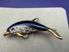 Vintage Blue & Gold Tone Dolphin Brooch By Cabouchon Enamel In Original Bag