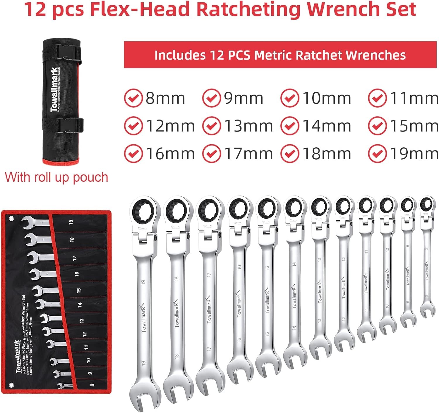 12-piece Ratcheting Wrench Set w/180° Flex Head, Anti-Slip Tooth w/Organizer Bag
