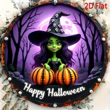 Happy Halloween Witch Pumpkin Bat Wreath Round Aluminum Art