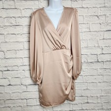 Shein Dress Womens Size Medium Rose Gold Color Satiny Faux Wrap Long Sleeve