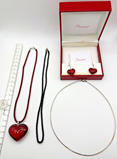 Baccarat 925 Necklace Red Crystal Heart & Boxed Matching Boxed Earrings 158.6g