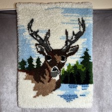VTG Buck Deer Outdoors Design Latch Hook Rug Wall Hanging 33.5  x24  Handmade