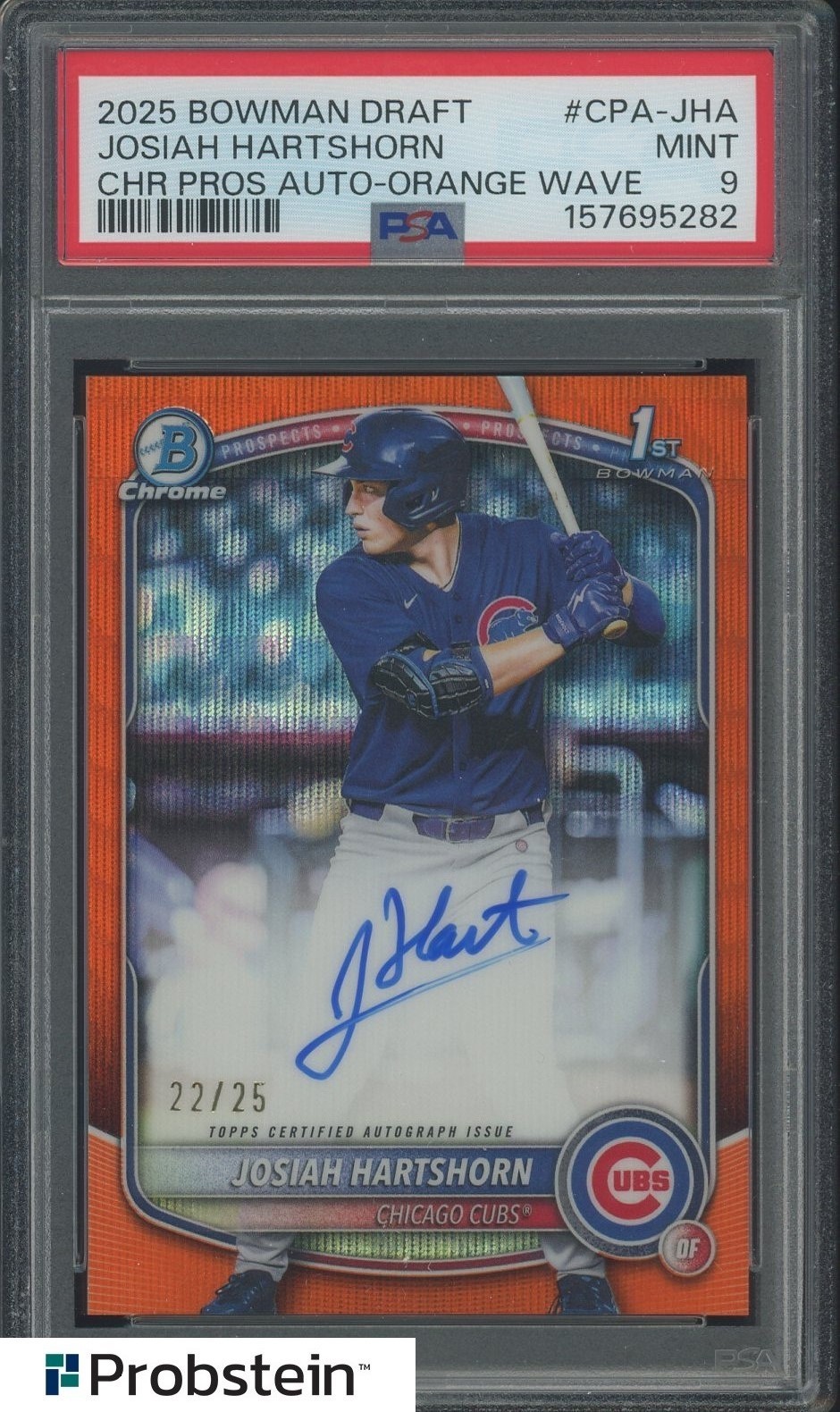 2025 Bowman Chrome Orange Wave Refractor Josiah Hartshorn RC AUTO /25 PSA 9