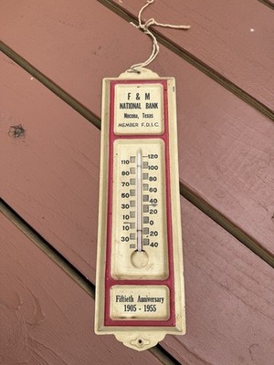 Vintage Tin Hanging Advertisement Thermometer, Nocona Texas National Bank Trust