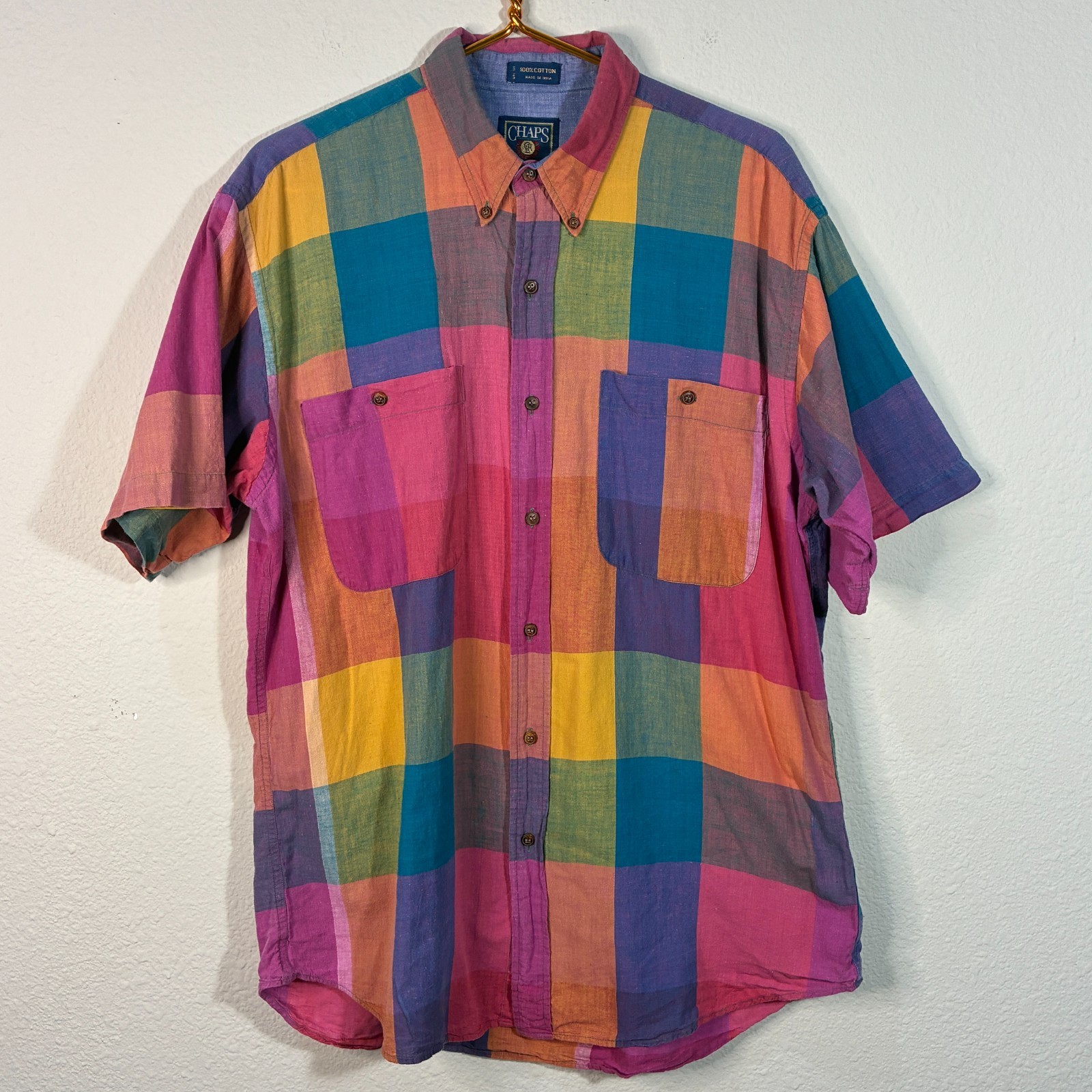 Chaps Ralph Lauren Polo Shirt Mens Large Patchwork Short Sleeve Button Down