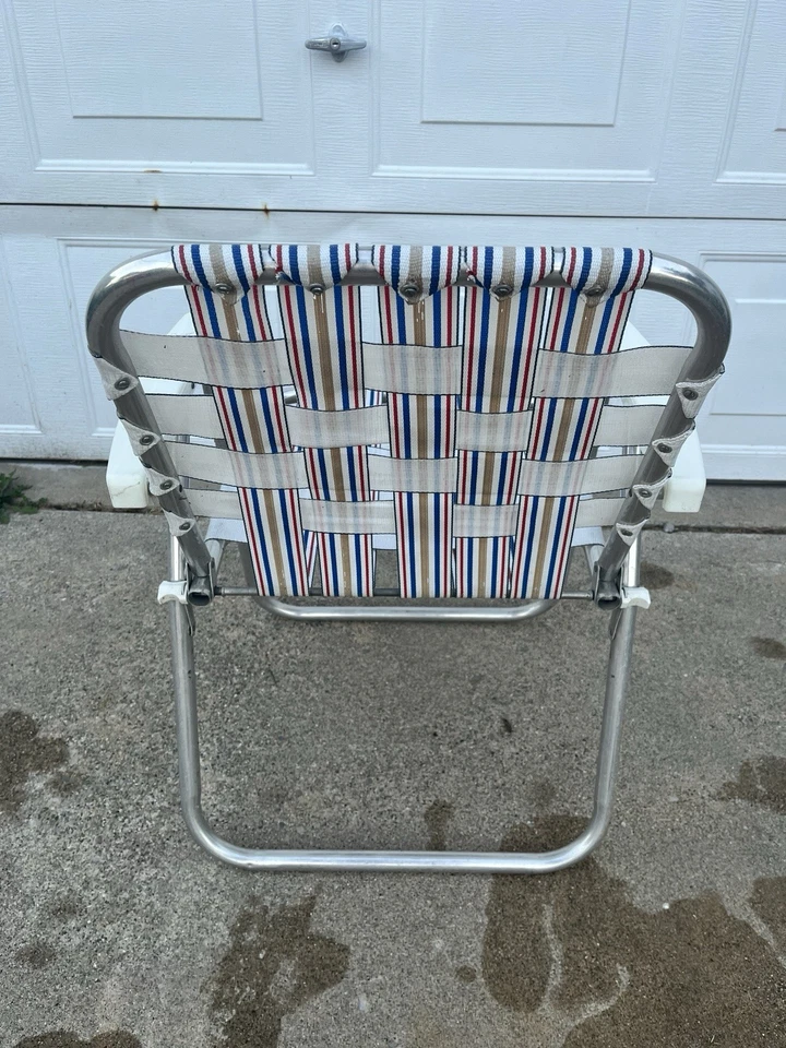2 Vintage Aluminum Folding Lawn Chair Vinyl Webbed Patio Red, White, And Blue - Image 4 of 4