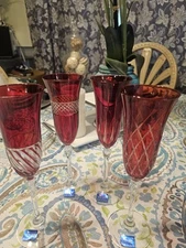 6 LE STELLE Italy Ruby Cut To Clear Crystal Champagne Flutes By Cristal Desio