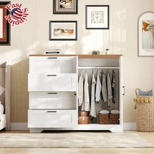 Clothing Storage Cabinets 4 Drawers Dresser Storage Wardrobe with Hanging Rod US
