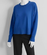 DKNY Women's Blue Ribbed Crewneck Studded Sweater Size L