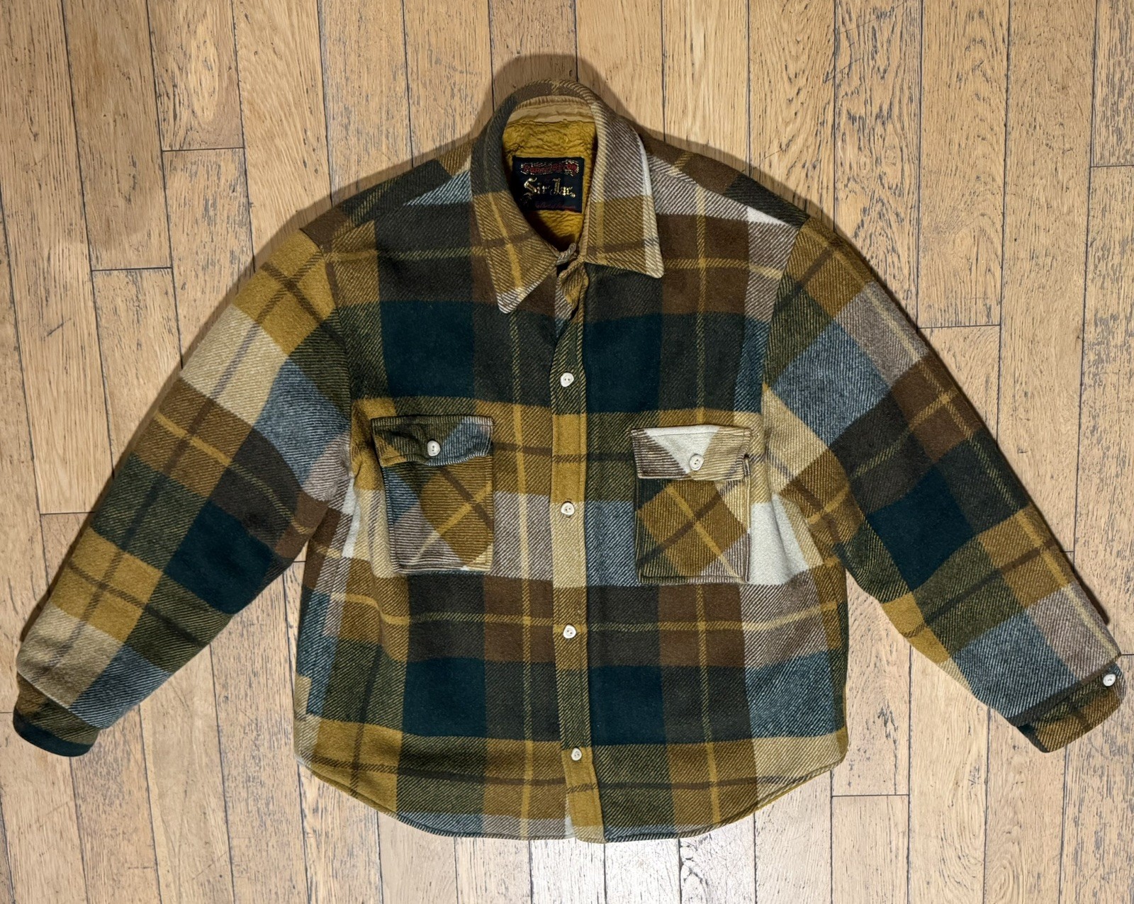 Vintage 60s Sir Jac Button Jacket Mens Large Plaid Sherpa Lined Distressed 50s