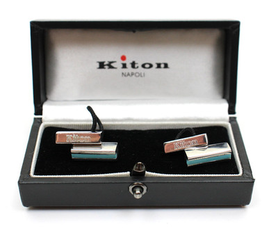 Kiton Silver Tone Chain Link Cufflinks Mens Turquoise Inlay Dress Shirt Box
