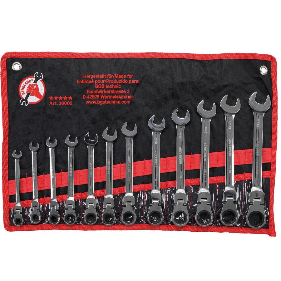 Jeu de 12 clés mixtes à cliquet articulé 8 à 19 mm BGS DIY en Chrome Vanadium