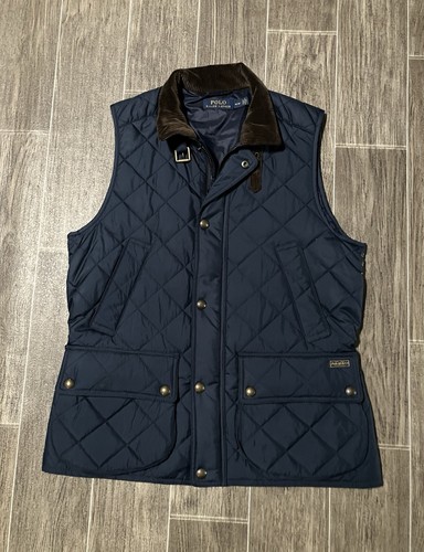 Polo Ralph Lauren Quilted Vest Mens Medium Navy Blue Collar Snap Button