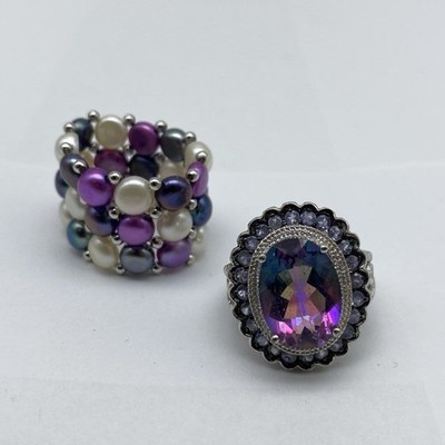 Sterling Silver 925 Mystic Topaz & Pearl Ring Jewelry Lot of 2 Size 5 Adj
