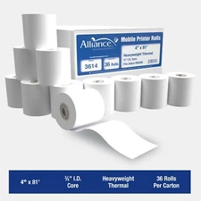 Alliance Heavyweight Hand-Held Thermal Printer Rolls 4 x 81, 36 Rolls per Case