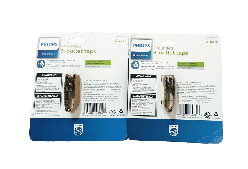 Philips 3 Outlet Adapter 2 Pack Power Outlet Strip Grounded Wall Tap Indoor 2PK - Image 2 of 3