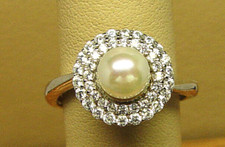 Cultured Pearl zirconia stones ring SZ 9, adjustable 8-10 Silver 0.925