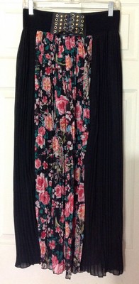 Buy Mint Green Womens Black and Floral Print Long Pleated Chiffon Skirt Size L NWT Online