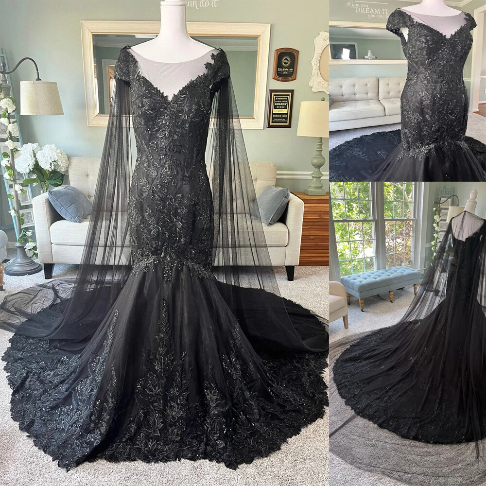 Vestidos de novia g ticos negros sirena con capa m s apliques de