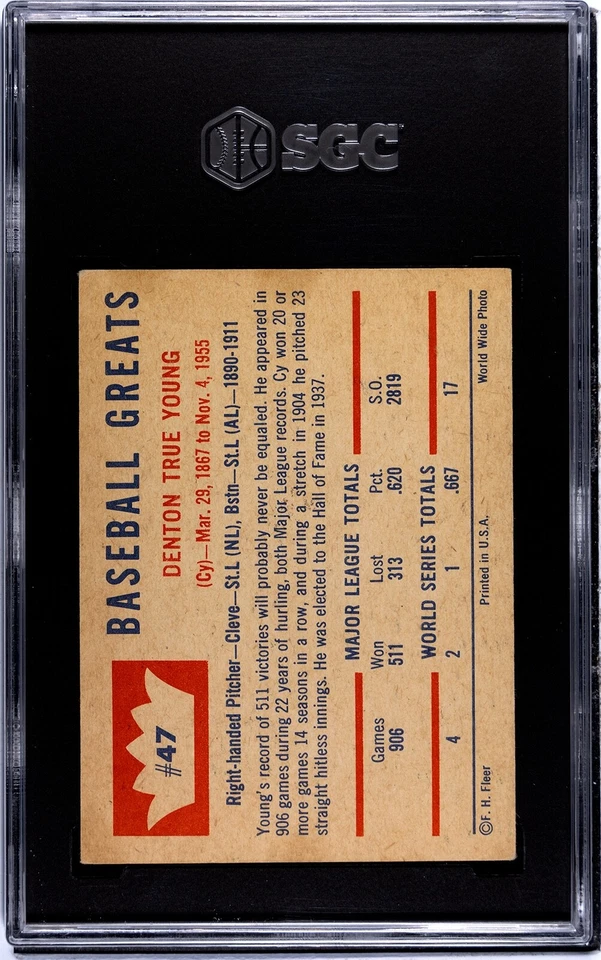 Подлинная винтажная бейсбольная карточка 1960 Fleer No47 Cy Young SGC HOF (7173) - Изображение 2 из 2