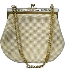 VTG Beaded Purse Kiss Lock Latch Chain Strap Beige Hand Bag Clutch Evening Bag