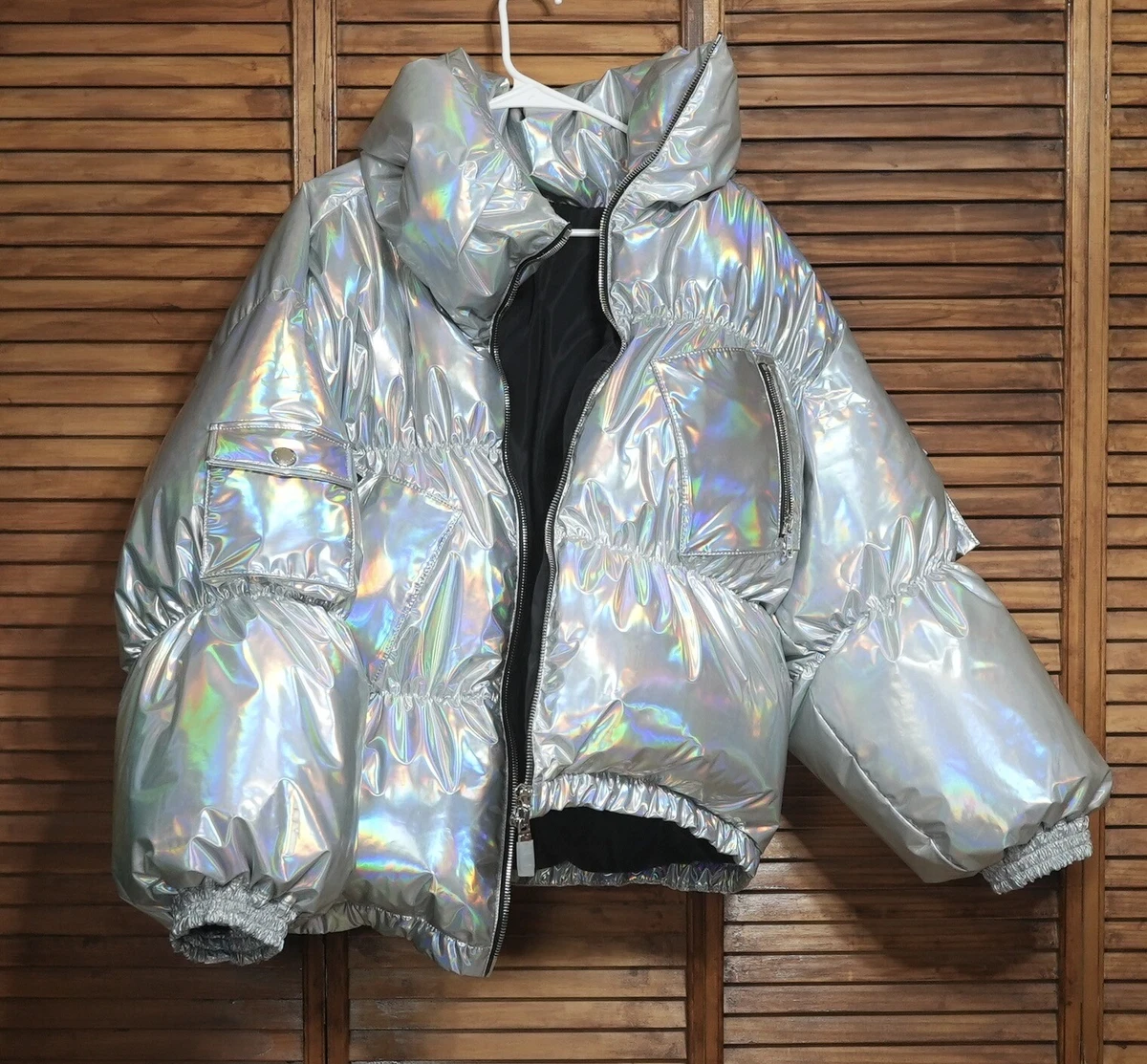 Iridescent metallic puffer jacket cheap