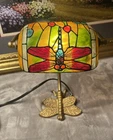 Vintage Stained Glass Dragonfly Banker Table Lamp w Beautiful Base Tiffany Style