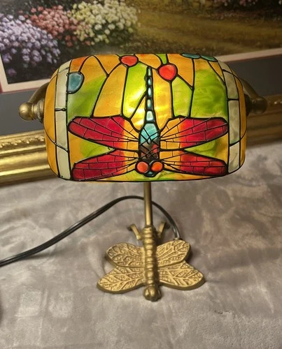 Vintage Stained Glass Dragonfly Banker Table Lamp w Beautiful Base Tiffany Style